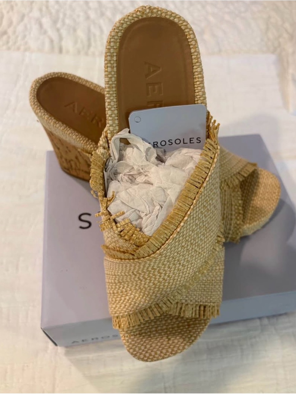 AEROSOLES Medina Tan Cork Heel Woven Crossband Wedge Sandals